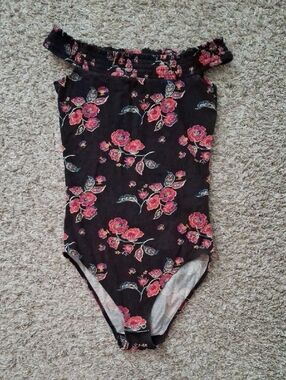 Hollister Black One-Piece Bodysuit with Pink Floral Print